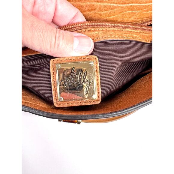 Milly NY Soft Brown Croco Pattern Leather Shoulder Bag Chain Strap Unique Clasp - Picture 7 of 16